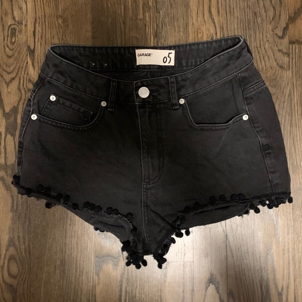Garage Black Jean Shorts with Pom Pom Trim